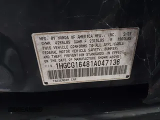 2001 Honda Accord LX z VIN 1HGCG16481A047136, wystawiony jako IAAI lot #41565746 z przebiegiem 259 017 mil mil oraz . Historia ofert i sprzedaży dostępna na DreamBid. Obrazek 9.