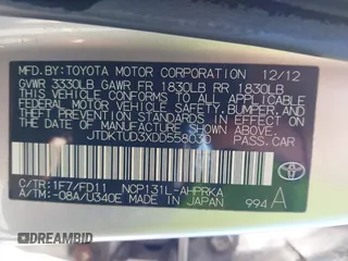 2013 Toyota Yaris L with VIN JTDKTUD3XDD558030, listed as a IAAI auction lot 41775567 with 246,051 mi miles. Bid and sale history available at carsss.com. Image 9.