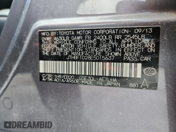 2014 Lexus IS 250 с VIN JTHBF1D28E5015637, выставлен на аукционе Copart как лот 61057115 с пробегом 55 481 миль миль и Списание • Salvage title. История ставок и продаж доступна на DreamBid. Изображение 12.