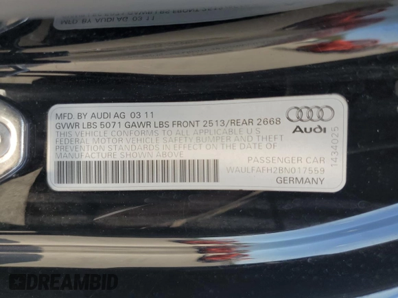 2011 Audi A5 Premium Plus with VIN WAULFAFH2BN017559, listed as a Copart auction lot 62380575 with 61,252 mi miles and Salvage title. Bid and sale history available at DreamBid. Image 12.