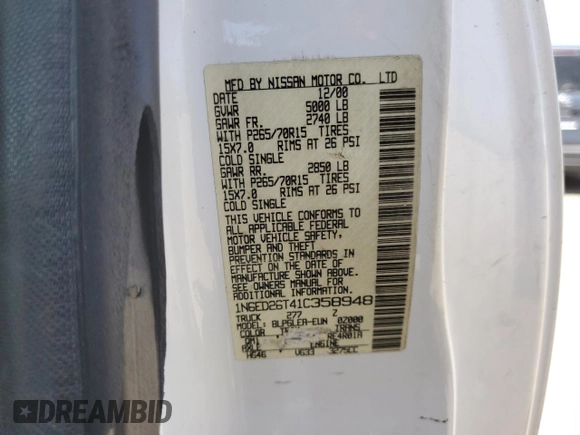 2001 Nissan Frontier SE Desert Runner with VIN 1N6ED26T41C358948, listed as a Copart auction lot 53734715 with 183,158 mi miles and Salvage title. Bid and sale history available at DreamBid. Image 12.