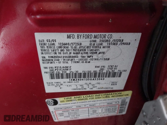 2005 Ford Freestyle SE с VIN 1FMZK04135GA52043, выставлен на аукционе IAAI как лот 42295592 с пробегом 177 686 миль миль и . История ставок и продаж доступна на DreamBid. Изображение 9.