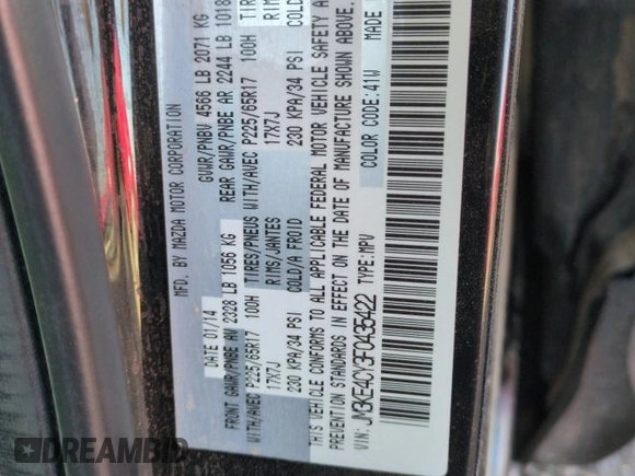 2015 Mazda CX-5 Touring with VIN JM3KE4CY3F0435422, listed as a Copart auction lot 51835575 with 185,727 mi miles and Salvage Title. Bid and sale history available at DreamBid. Image 13.