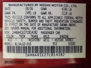2007 Nissan Maxima SE z VIN 1N4BA41E27C814382, wystawiony jako Copart lot #56381115 z przebiegiem 101 869 mil mil oraz Szkoda całkowita • Salvage title. Historia ofert i sprzedaży dostępna na DreamBid. Obrazek 12.