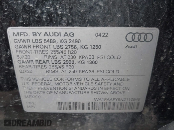 2022 Audi Q5 S line Prestige with VIN WA1FAAFY5N2110946, listed as a IAAI auction lot 41887991 with 39,170 mi miles. Bid and sale history available at carsss.com. Image 9.