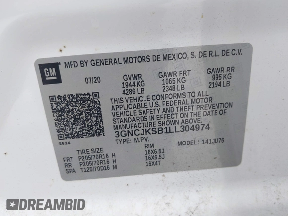 2020 Chevrolet Trax LS with VIN 3GNCJKSB1LL304974, listed as a IAAI auction lot 42428127 with 33,779 mi miles and . Bid and sale history available at DreamBid. Image 9.