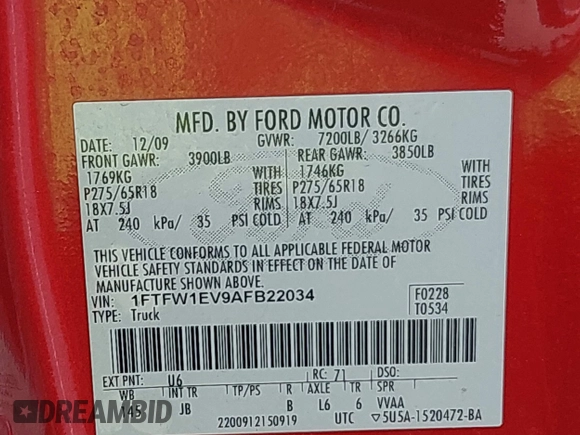 2010 Ford F-150 XL with VIN 1FTFW1EV9AFB22034, listed as a IAAI auction lot 42594401 with 162,835 mi miles and . Bid and sale history available at DreamBid. Image 9.