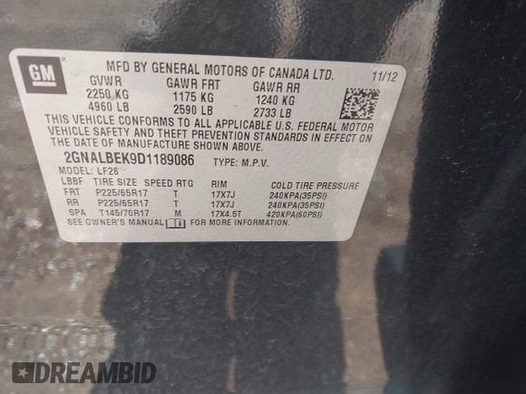2013 Chevrolet Equinox LS z VIN 2GNALBEK9D1189086, wystawiony jako IAAI lot #42202985 z przebiegiem 62 054 mil mil oraz . Historia ofert i sprzedaży dostępna na DreamBid. Obrazek 9.
