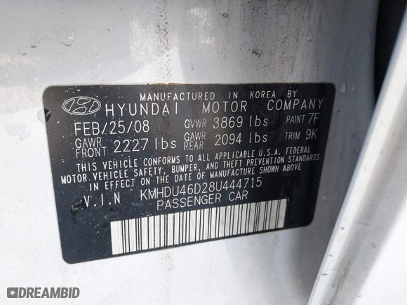 2008 Hyundai Elantra GLS with VIN KMHDU46D28U444715, listed as a IAAI auction lot 41763152 with 137,760 mi miles. Bid and sale history available at carsss.com. Image 9.