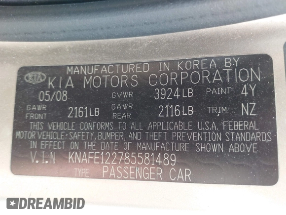 2008 Kia Spectra EX z VIN KNAFE122785581489, wystawiony jako IAAI lot #42550982 z przebiegiem 121 489 mil mil oraz . Historia ofert i sprzedaży dostępna na DreamBid. Obrazek 9.