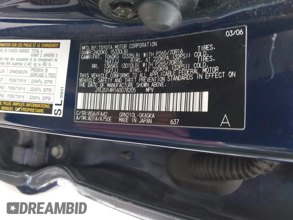 2006 Toyota 4Runner SR5 z VIN JTEZU14R160078205, wystawiony jako IAAI lot #42194583 z przebiegiem 244 092 mil mil oraz . Historia ofert i sprzedaży dostępna na DreamBid. Obrazek 9.
