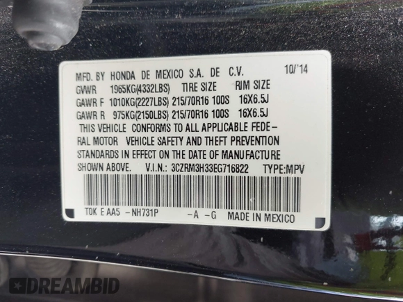 2014 Honda CR-V LX with VIN 3CZRM3H33EG716822, listed as a IAAI auction lot 42067360 with 143,480 mi miles. Bid and sale history available at carsss.com. Image 9.