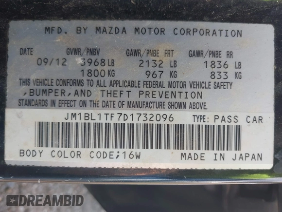 2013 Mazda 3 i SV with VIN JM1BL1TF7D1732096, listed as a IAAI auction lot 41791868 with 121,471 mi miles and . Bid and sale history available at DreamBid. Image 9.