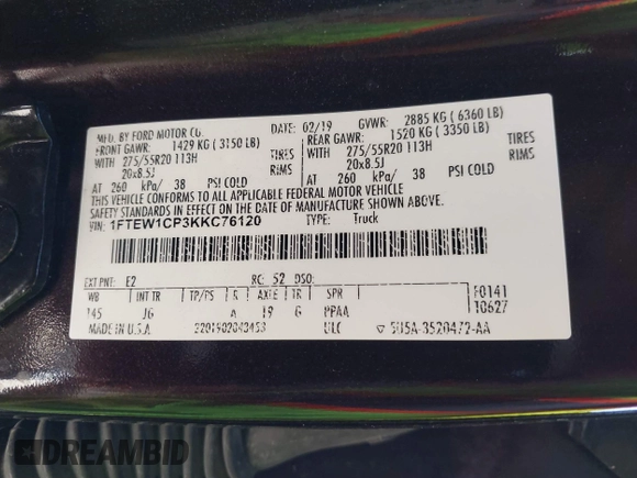 2019 Ford F-150 XL with VIN 1FTEW1CP3KKC76120, listed as a IAAI auction lot 41650089 with 161,801 mi miles and . Bid and sale history available at carsss.com. Image 9.