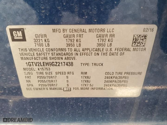 2016 GMC Sierra 1500 with VIN 1GTV2LEH9GZ217438, listed as a Copart auction lot 69369304 with 127,885 mi miles and Salvage Title. Bid and sale history available at carsss.com. Image 14.