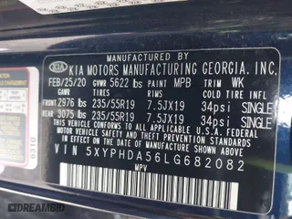 2020 Kia Sorento EX V6 with VIN 5XYPHDA56LG682082, listed as a IAAI auction lot 41170673 with 31,839 mi miles. Bid and sale history available at carsss.com. Image 9.