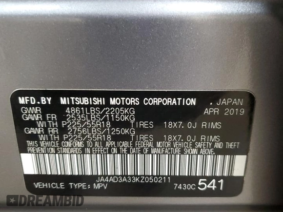 2019 Mitsubishi Outlander SE with VIN JA4AD3A33KZ050211, listed as a Copart auction lot 42005455 with 135,200 mi miles and Clean title. Bid and sale history available at DreamBid. Image 13.