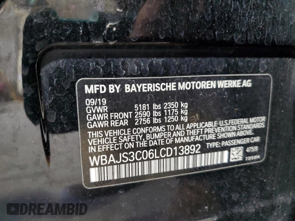 2020 BMW 5 Series 540i xDrive with VIN WBAJS3C06LCD13892, listed as a Copart auction lot 86875354 with Not provided miles and Salvage title. Bid and sale history available at DreamBid. Image 12.