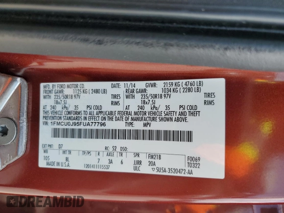 2015 Ford Escape Titanium with VIN 1FMCU0J95FUA77796, listed as a Copart auction lot 53182675 with 118,202 mi miles and Salvage title. Bid and sale history available at DreamBid. Image 16.