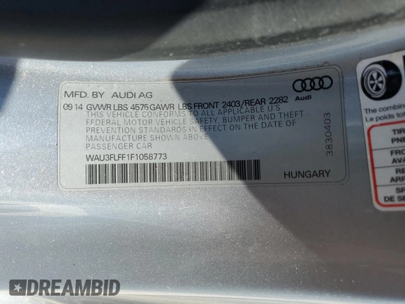 2015 Audi A3 2.0T Premium Plus with VIN WAU3FLFF1F1058773, listed as a Copart auction lot 53395495 with 55,667 mi miles and Clean Title. Bid and sale history available at carsss.com. Image 12.
