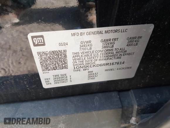 2024 Chevrolet Suburban LT z VIN 1GNSKCKD6RR167614, wystawiony jako IAAI lot #41747300 z przebiegiem 17 326 mil mil oraz . Historia ofert i sprzedaży dostępna na DreamBid. Obrazek 9.