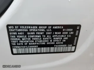 2020 Volkswagen Passat 2.0T R-Line with VIN 1VWMA7A31LC009063, listed as a Copart auction lot 72669402 with 52,818 mi miles. Bid and sale history available at carsss.com. Image 13.