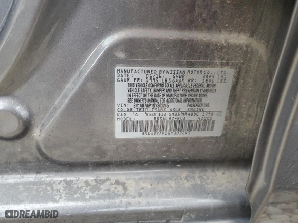 2016 Nissan Sentra SL with VIN 3N1AB7AP1GY303245, listed as a Copart auction lot 50759635 with 106,912 mi miles and Salvage Title. Bid and sale history available at carsss.com. Image 12.