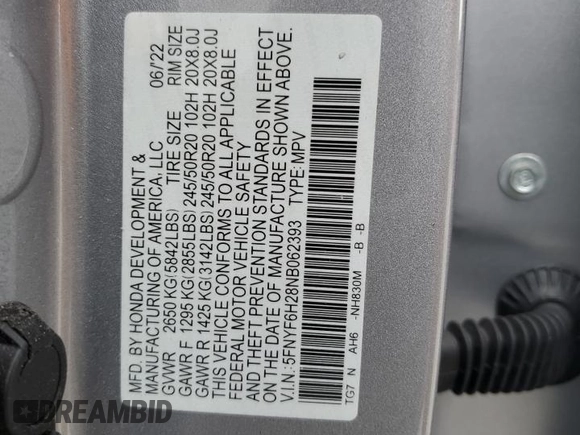 2022 Honda Pilot Special Edition with VIN 5FNYF6H28NB062393, listed as a Copart auction lot 62849025 with 81,565 mi miles and Salvage title. Bid and sale history available at DreamBid. Image 13.