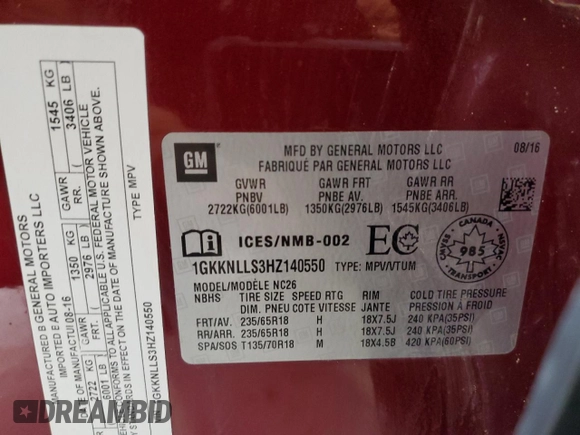 2017 GMC Acadia SLE with VIN 1GKKNLLS3HZ140550, listed as a Copart auction lot 49112415 with 155,247 mi miles and Salvage Title. Bid and sale history available at DreamBid. Image 14.