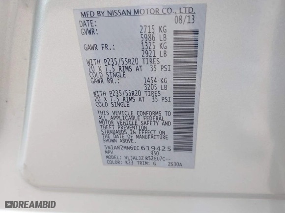 2014 Nissan Pathfinder SV with VIN 5N1AR2MN6EC619425, listed as a IAAI auction lot 41744627 with 162,340 mi miles. Bid and sale history available at carsss.com. Image 9.