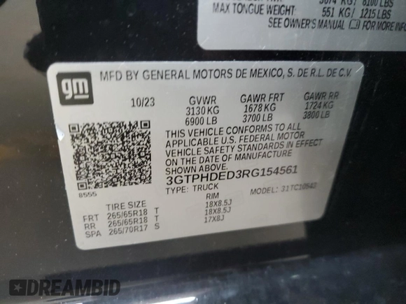 2024 GMC Sierra 1500 SLT with VIN 3GTPHDED3RG154561, listed as a Copart auction lot 63457385 with Not provided miles and Salvage title. Bid and sale history available at DreamBid. Image 12.