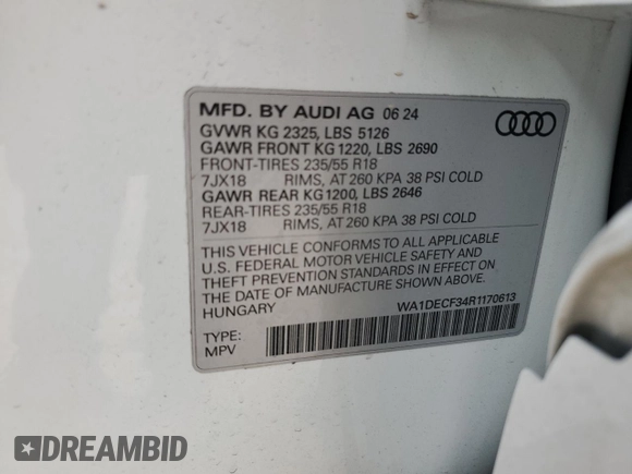 2024 Audi Q3 S line Premium z VIN WA1DECF34R1170613, wystawiony jako Copart lot #41694995 z przebiegiem 8 994 mil mil oraz Szkoda całkowita • Salvage title. Historia ofert i sprzedaży dostępna na DreamBid. Obrazek 15.