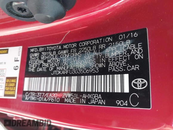 2016 Toyota Prius Four z VIN JTDKARFU3G3506953, wystawiony jako IAAI lot #42239553 z przebiegiem 63 011 mil mil oraz . Historia ofert i sprzedaży dostępna na DreamBid. Obrazek 9.