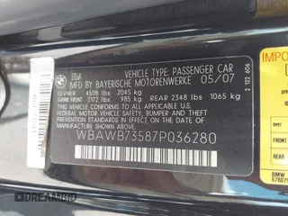 2007 BMW 3 Series 335i with VIN WBAWB73587P036280, listed as a IAAI auction lot 42185422 with 82,724 mi miles and . Bid and sale history available at DreamBid. Image 9.
