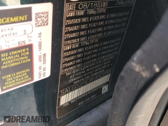 2019 Land Rover Range Rover with VIN SALGS2RE9KA520996, listed as a Copart auction lot 50520845 with 108,261 mi miles and Salvage title. Bid and sale history available at DreamBid. Image 13.
