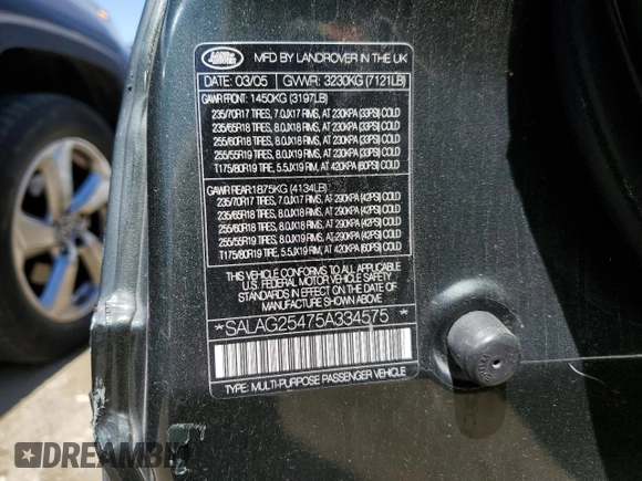 2005 Land Rover LR3 HSE with VIN SALAG25475A334575, listed as a Copart auction lot 60689515 with 161,284 mi miles and Salvage title. Bid and sale history available at DreamBid. Image 13.