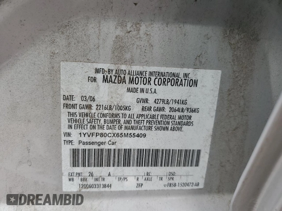 2006 Mazda 6 i with VIN 1YVFP80CX65M55409, listed as a Copart auction lot 76844234 with 143,238 mi miles and Salvage Title. Bid and sale history available at carsss.com. Image 13.