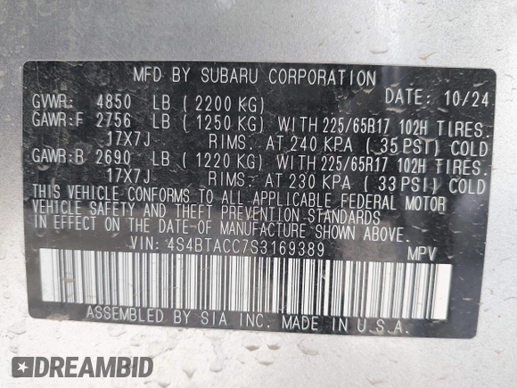 2025 Subaru Outback Premium with VIN 4S4BTACC7S3169389, listed as a IAAI auction lot 42180479 with 13,479 mi miles and . Bid and sale history available at DreamBid. Image 9.