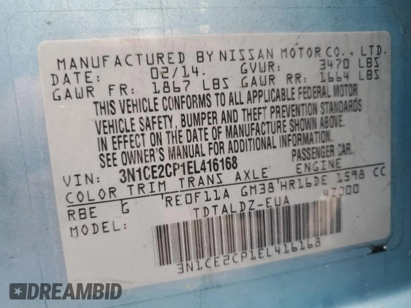 2014 Nissan Note SV with VIN 3N1CE2CP1EL416168, listed as a Copart auction lot 53536835 with 126,075 mi miles and Salvage title. Bid and sale history available at DreamBid. Image 12.