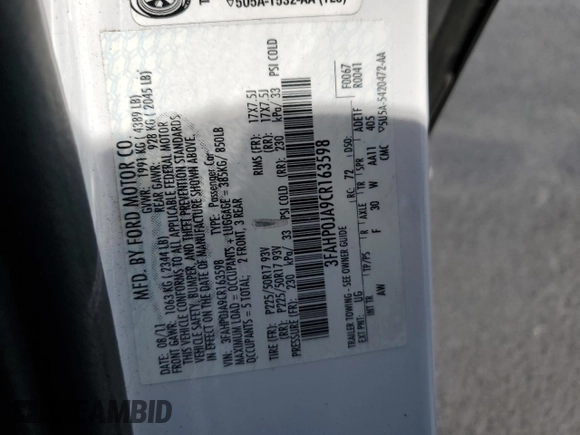 2012 Ford Fusion SEL с VIN 3FAHP0JA9CR163598, выставлен на аукционе Copart как лот 58579765 с пробегом 154 141 миль миль и Списание • Salvage title. История ставок и продаж доступна на DreamBid. Изображение 12.