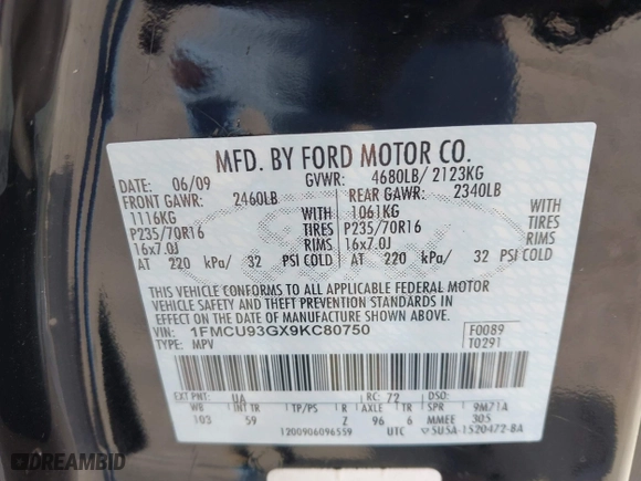 2009 Ford Escape XLT with VIN 1FMCU93GX9KC80750, listed as a IAAI auction lot 41953121 with 165,856 mi miles. Bid and sale history available at carsss.com. Image 9.