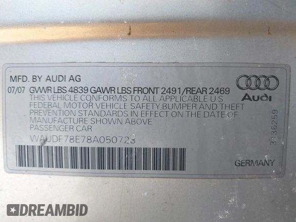 2008 Audi A4 2.0T with VIN WAUDF78E78A050728, listed as a IAAI auction lot 41400492 with 161,717 mi miles. Bid and sale history available at carsss.com. Image 9.
