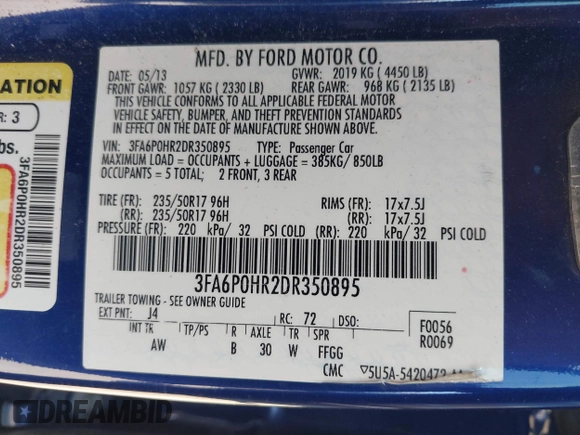 2013 Ford Fusion SE with VIN 3FA6P0HR2DR350895, listed as a IAAI auction lot 41973594 with 168,769 mi miles. Bid and sale history available at carsss.com. Image 9.