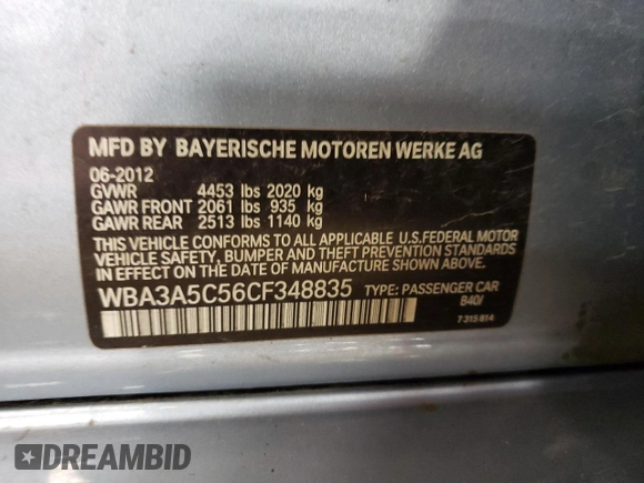 2012 BMW 3 Series 328i with VIN WBA3A5C56CF348835, listed as a Copart auction lot 66757524 with 109,560 mi miles and Non Repairable. Bid and sale history available at carsss.com. Image 12.