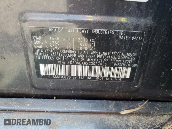 2012 Subaru Legacy 2.5i with VIN 4S3BMBA6XC3037006, listed as a Copart auction lot 62278955 with 156,914 mi miles and Clean title. Bid and sale history available at DreamBid. Image 12.