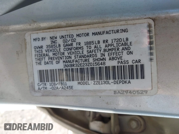 2003 Toyota Corolla CE with VIN 1NXBR32E23Z015648, listed as a IAAI auction lot 42056596 with 287,999 mi miles and . Bid and sale history available at DreamBid. Image 9.