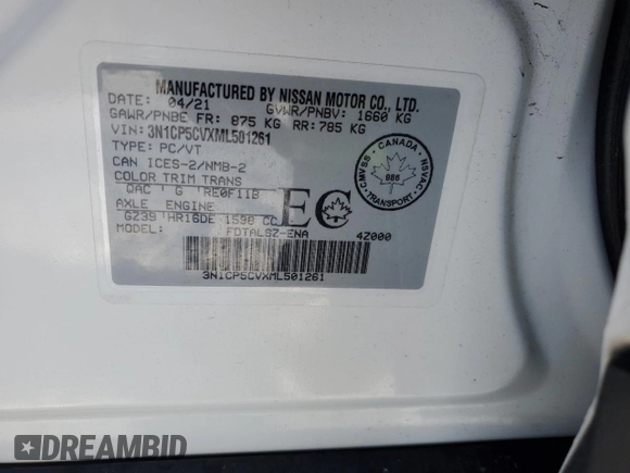 2021 Nissan Kicks SV with VIN 3N1CP5CVXML501261, listed as a Copart auction lot 82891754 with Not Provided miles and Salvage Title. Bid and sale history available at carsss.com. Image 13.