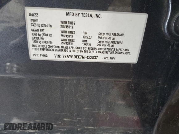 2022 Tesla Model Y Long Range with VIN 7SAYGDEE7NF422837, listed as a Copart auction lot 55271665 with 52,976 mi miles and Clean Title. Bid and sale history available at DreamBid. Image 12.
