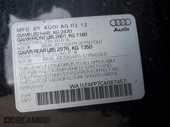 2012 Audi Q5 2.0T Premium Plus with VIN WA1LFAFP7CA087457, listed as a Copart auction lot 49904515 with 98,673 mi miles and Salvage Title. Bid and sale history available at carsss.com. Image 13.