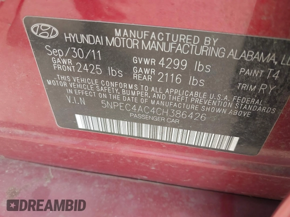 2012 Hyundai Sonata 2.4L Limited PZEV with VIN 5NPEC4AC4CH386426, listed as a IAAI auction lot 42036754 with 216,619 mi miles. Bid and sale history available at carsss.com. Image 9.